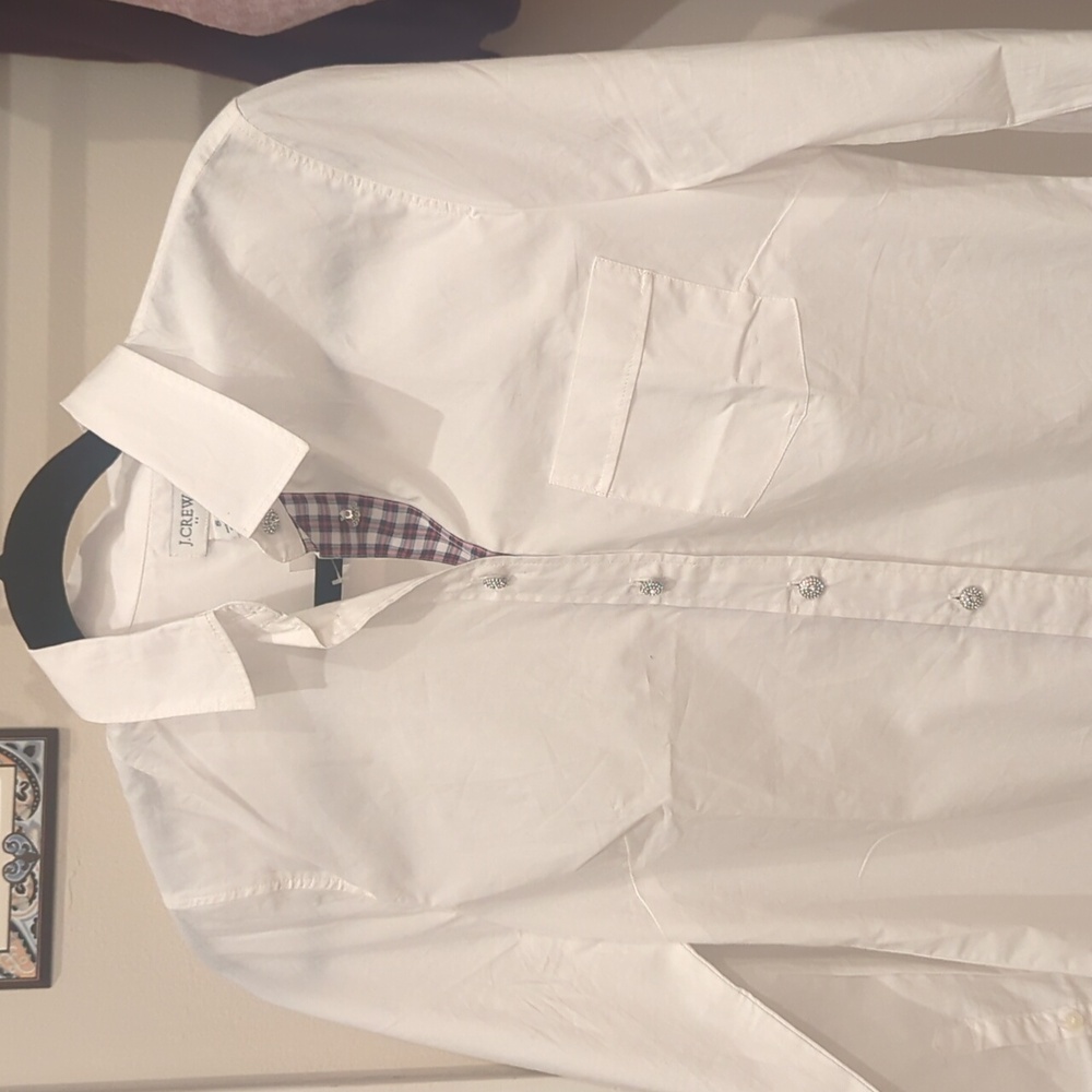 JCrew white button down with plaid trim